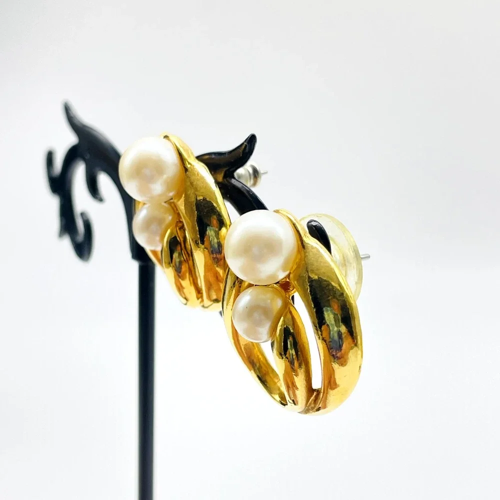 Vintage Avon Faux Pearl Gold Tone Swirl Pierced Earrings Statement Signed